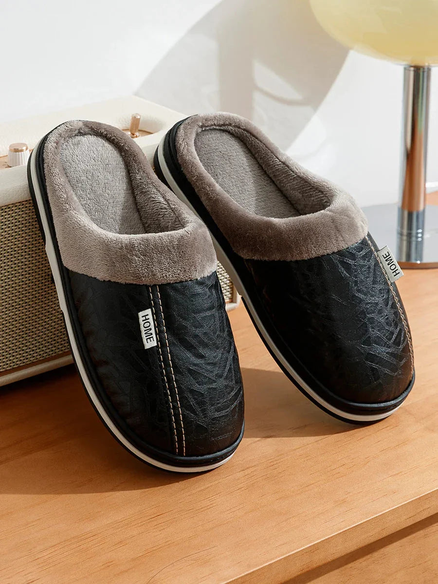 Men's Plush and Leather Winter Slippers