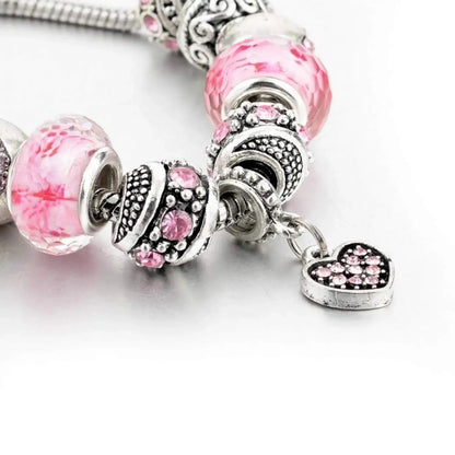 Pink Hearts Silver Plated Charm Bracelet Set